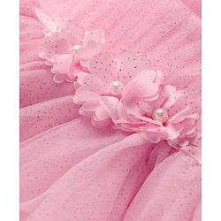 Babyhug Woven Puff Sleeves Shimmered  Frock  With Floral Applique - Pink