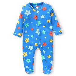 Babyhug Interlock Knit Full Sleeves Sleepsuit with Star Print - Blue
