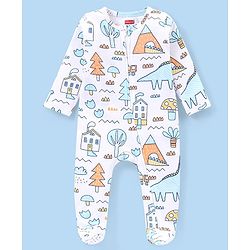 Babyhug Interlock Knit  Full Sleeves Sleep Suit with Tree Print - White