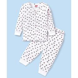 Babyhug Full Sleeves Front Open Thermal Vest And Legging With Bow Print - Off-White