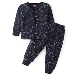 Babyhug Full Sleeves Front Open Thermal Vest & Pant With Space Theme Print - Navy Blue