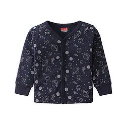 Babyhug Full Sleeves Front Open Thermal Vest & Pant With Space Theme Print - Navy Blue