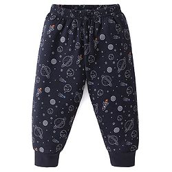Babyhug Full Sleeves Front Open Thermal Vest & Pant With Space Theme Print - Navy Blue