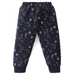 Babyhug Full Sleeves Front Open Thermal Vest & Pant With Space Theme Print - Navy Blue