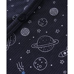 Babyhug Full Sleeves Front Open Thermal Vest & Pant With Space Theme Print - Navy Blue