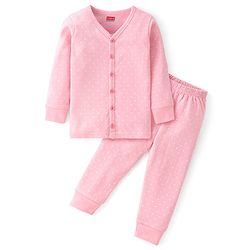 Babyhug Full Sleeves Thermal Vest and Pant Set Polka Dot Print - Pink