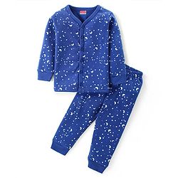 Babyhug Full Sleeves Front Open Vest & Leggings Set Star Print - Navy Blue