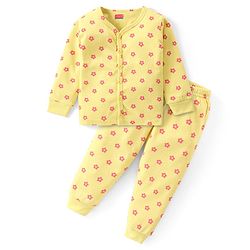 Babyhug Full Sleeves Front Open Thermal Vest and Pant Set Floral Print - Lime Yellow