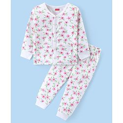 Babyhug Front Open Full Sleeve Vest and Legging Thermal Wear Floral Printed Combo Set -Off White