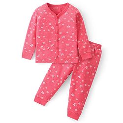 Babyhug Front Open Full Sleeves Top & Bottom Thermal Wear Combo Set Snowflake Print - Pink