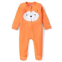 Babyhug Interlock Full Sleeves Sleepsuit Bear Face Print with Pop Up Ears - Orange