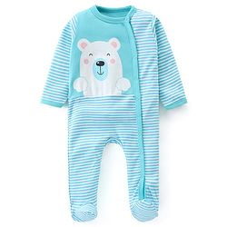 Babyhug Cotton Knit Full Sleeves Striped Footed Sleep Suit with Bear Print - Blue