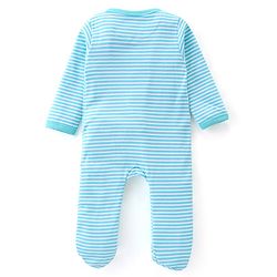 Babyhug Cotton Knit Full Sleeves Striped Footed Sleep Suit with Bear Print - Blue