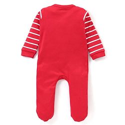 Babyhug Interlock Knit Full Sleeves Sleep Suit Striped & Text Print - Red