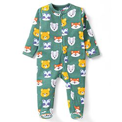 Babyhug Interlock Full Sleeves Sleepsuit with Wild Animals Print - Green