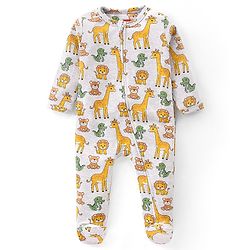 Babyhug Cotton Knit Full Sleeves Footed Sleep Suit with Animal Print - Grey