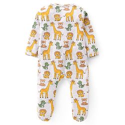 Babyhug Cotton Knit Full Sleeves Footed Sleep Suit with Animal Print - Grey