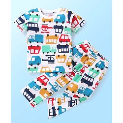 Babyhug Single Jersey Half Sleeves Night Suit Cars Print - White