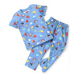 Babyhug Single Jersey Half Sleeves Night Suit Dino & Car Print - Blue