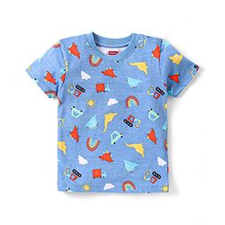 Babyhug Single Jersey Half Sleeves Night Suit Dino & Car Print - Blue