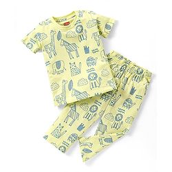 Babyhug Cotton Knit Half Sleeves Lion Printed Night Suit - Green