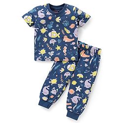 Babyhug Single Jersey Knit  Half Sleeves Night Suit with Sea Life Theme Print - Navy Blue