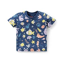 Babyhug Single Jersey Knit  Half Sleeves Night Suit with Sea Life Theme Print - Navy Blue