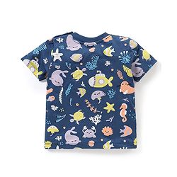 Babyhug Single Jersey Knit  Half Sleeves Night Suit with Sea Life Theme Print - Navy Blue