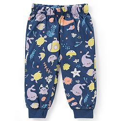 Babyhug Single Jersey Knit  Half Sleeves Night Suit with Sea Life Theme Print - Navy Blue