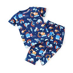Babyhug Single Jersey Knit Half Sleeves Night Suit Vehicle Print - Navy Blue