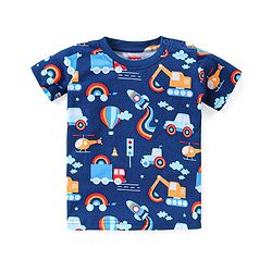 Babyhug Single Jersey Knit Half Sleeves Night Suit Vehicle Print - Navy Blue
