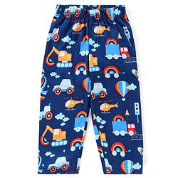 Babyhug Single Jersey Knit Half Sleeves Night Suit Vehicle Print - Navy Blue
