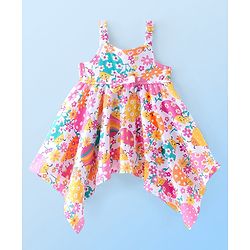Babyhug Cotton Jersey Singlet Asymmetrical Frock with Bow Floral Print - White
