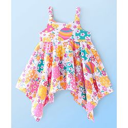Babyhug Cotton Jersey Singlet Asymmetrical Frock with Bow Floral Print - White