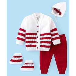 Babyhug Knitted Full Sleeves Striped Baby Sweater Set with Cap & Booties - White & Red