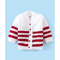 Babyhug Knitted Full Sleeves Striped Baby Sweater Set with Cap & Booties - White & Red