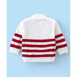 Babyhug Knitted Full Sleeves Striped Baby Sweater Set with Cap & Booties - White & Red