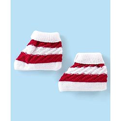 Babyhug Knitted Full Sleeves Striped Baby Sweater Set with Cap & Booties - White & Red