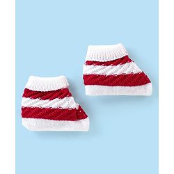 Babyhug Knitted Full Sleeves Striped Baby Sweater Set with Cap & Booties - White & Red