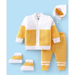 Babyhug Knitted Full Sleeves Striped Baby Sweater Set with Cap & Booties - White & Red
