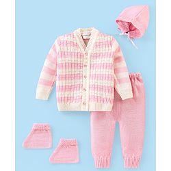 Babyhug Knitted Full Sleeves Striped Baby Sweater Set with Cap & Booties - White & Pink