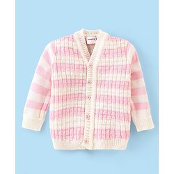 Babyhug Knitted Full Sleeves Striped Baby Sweater Set with Cap & Booties - White & Pink