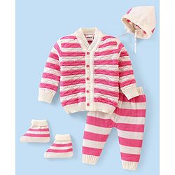Babyhug Knitted Full Sleeves Striped Baby Sweater Set with Cap & Booties - White & Pink