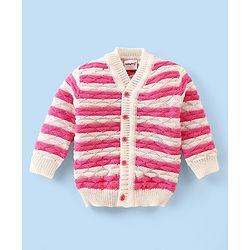 Babyhug Knitted Full Sleeves Striped Baby Sweater Set with Cap & Booties - White & Pink