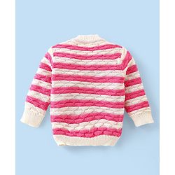 Babyhug Knitted Full Sleeves Striped Baby Sweater Set with Cap & Booties - White & Pink