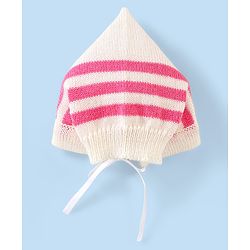 Babyhug Knitted Full Sleeves Striped Baby Sweater Set with Cap & Booties - White & Pink