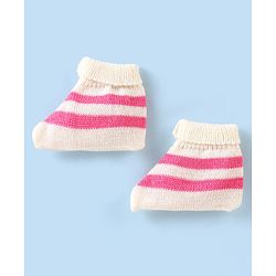Babyhug Knitted Full Sleeves Striped Baby Sweater Set with Cap & Booties - White & Pink