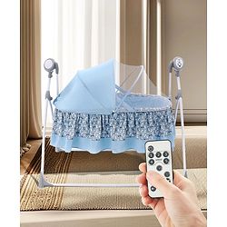 Babyhug Beryl Electronic Auto Swing Cradle with Remote Control - Blue| Pre-loaded Music| Off Timer| Removable Mosquito Net| Battery & DC Operation| Remote Control| Soft Mattress with Pillow| Safety Harness| 5 Swing Speed