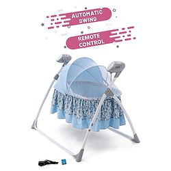 Babyhug Beryl Electronic Auto Swing Cradle with Remote Control - Blue| Pre-loaded Music| Off Timer| Removable Mosquito Net| Battery & DC Operation| Remote Control| Soft Mattress with Pillow| Safety Harness| 5 Swing Speed