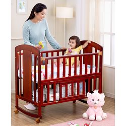 Babyhug Florence 3 in 1 Rocking Cot Cum Junior Bed  Cherry| Solid Pinewood| Adjustable Height| Storage Space| Foldable Side Rail| Teething Rails| Wheels with Lock| Convert to Study Table| Mosquito Net
